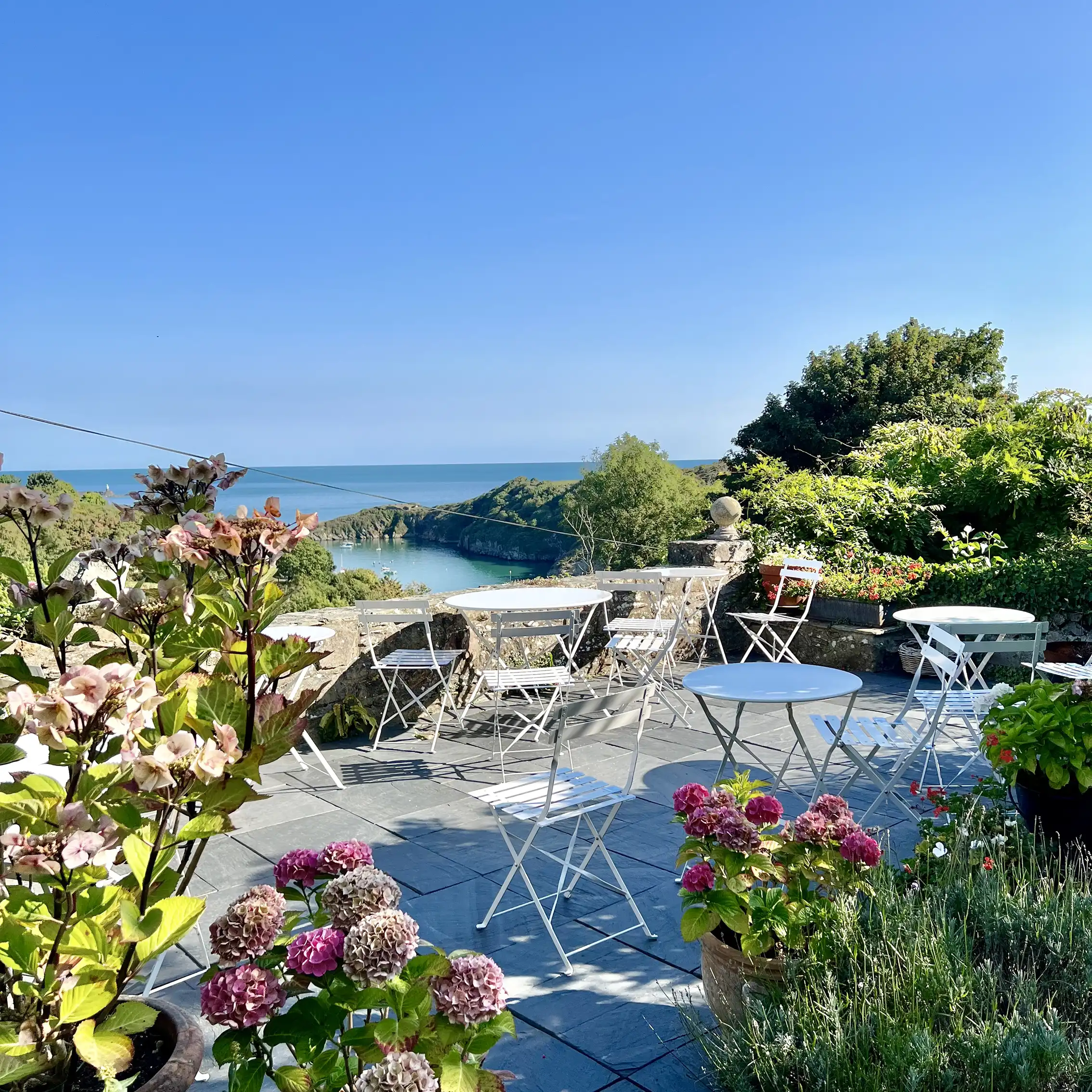 Our private breakfast eraace with views to Fishguard Bay and beyond.
